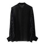 Carregue a imagem no visualizador da Galeria, TRAF Women Black Oversize Shirt 2024 Striped Velvet Shirts Woman Long Sleeve Shirts and Blouses Female Semi Sheer Women&#39;s Shirts  Amaijoin
