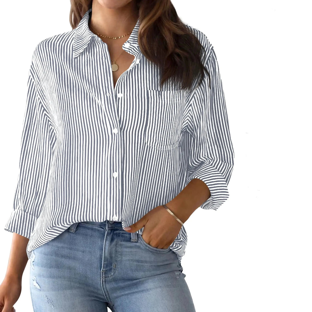 2024 Women's Shirt Blouse Striped classic Print,Button Long Sleeve Casual  No pockets Daily Basic Shirt Fall & Winter Tops  Amaijoin