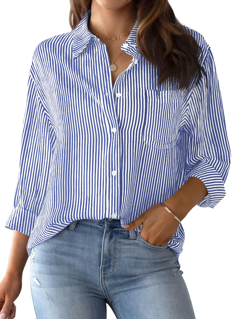 2024 Women's Shirt Blouse Striped classic Print,Button Long Sleeve Casual  No pockets Daily Basic Shirt Fall & Winter Tops  Amaijoin