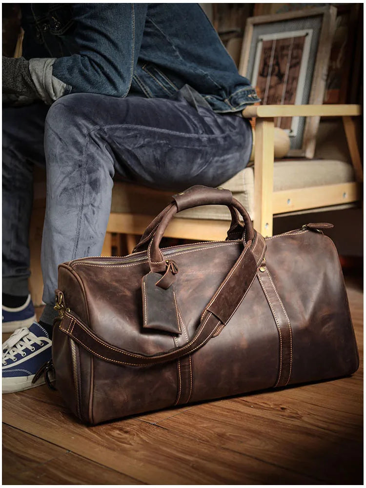 NASVA  Leather Men's Bags Vintage Travel  Duffle Bag Weekend Bag  Handbags  Messenger Bags Luggage Bag With Shoe Compartment  Amaijoin