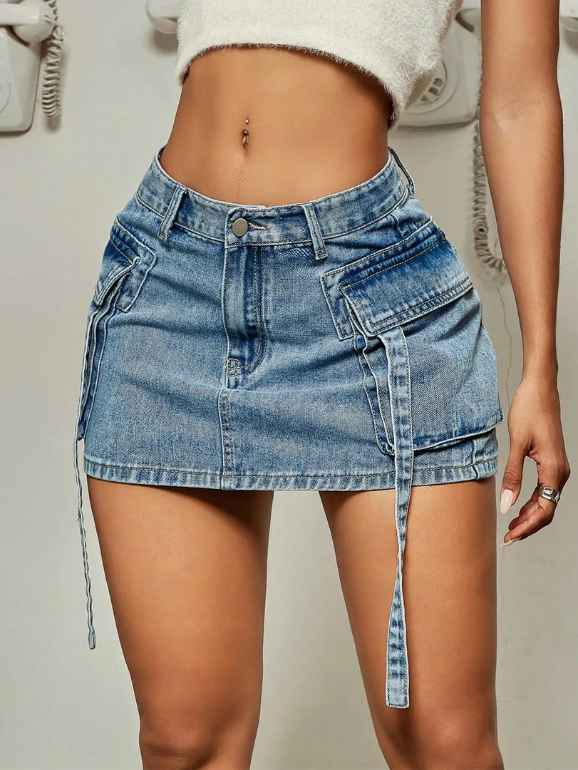 2023 Trendy Street Tooling Style Flap Pocket Ribbon Details Slim Workwear Denim Mini Skirt High Street Clothing  Amaijoin