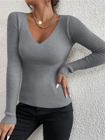 Carregue a imagem no visualizador da Galeria, 2024 Autumn Winter Women Solid Rib Knit V Neck Stripe Pull Sweater Femme Y2k Long Sleeve Pullover Jersey Tops Fashion Clothes  Amaijoin
