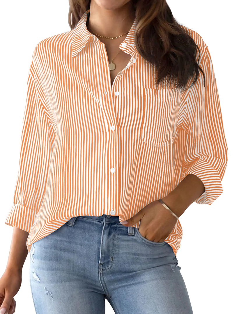 2024 Women's Shirt Blouse Striped classic Print,Button Long Sleeve Casual  No pockets Daily Basic Shirt Fall & Winter Tops  Amaijoin