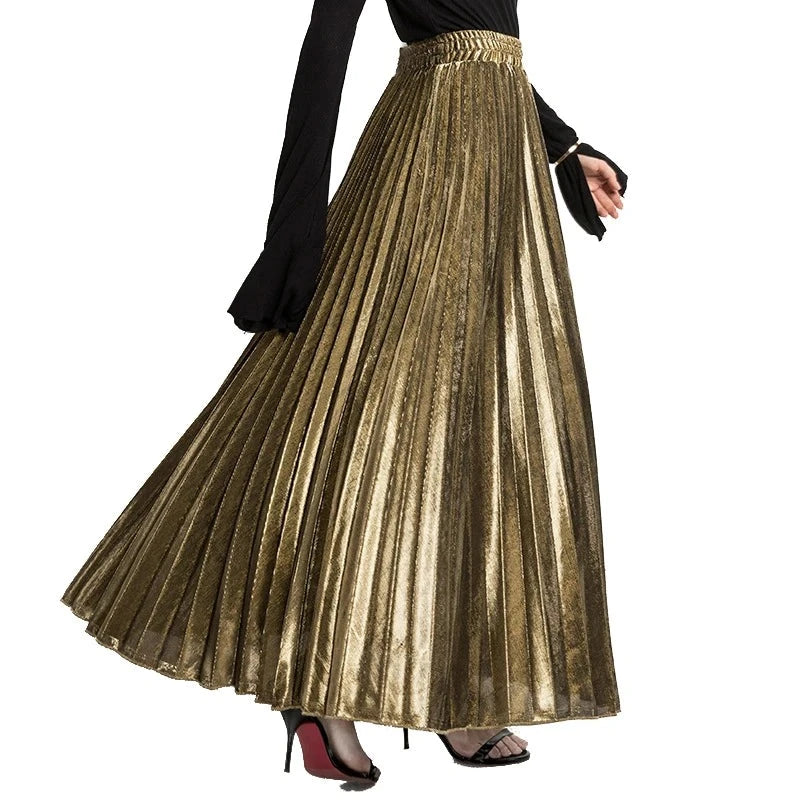 2022 Spring Metal Color Pleated Maxi Skirt Elastic High Waist Harajuku Large Swing Gold Long Skirts For Women XXL Saias SK275  Amaijoin