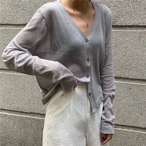 Cardigan Shirt Women Tops Korean Long Sleeve Cardigan Summer Tops V Neck Thin Knitted Sunscreen Shirt Sweater Blusas Mujer E600  Amaijoin