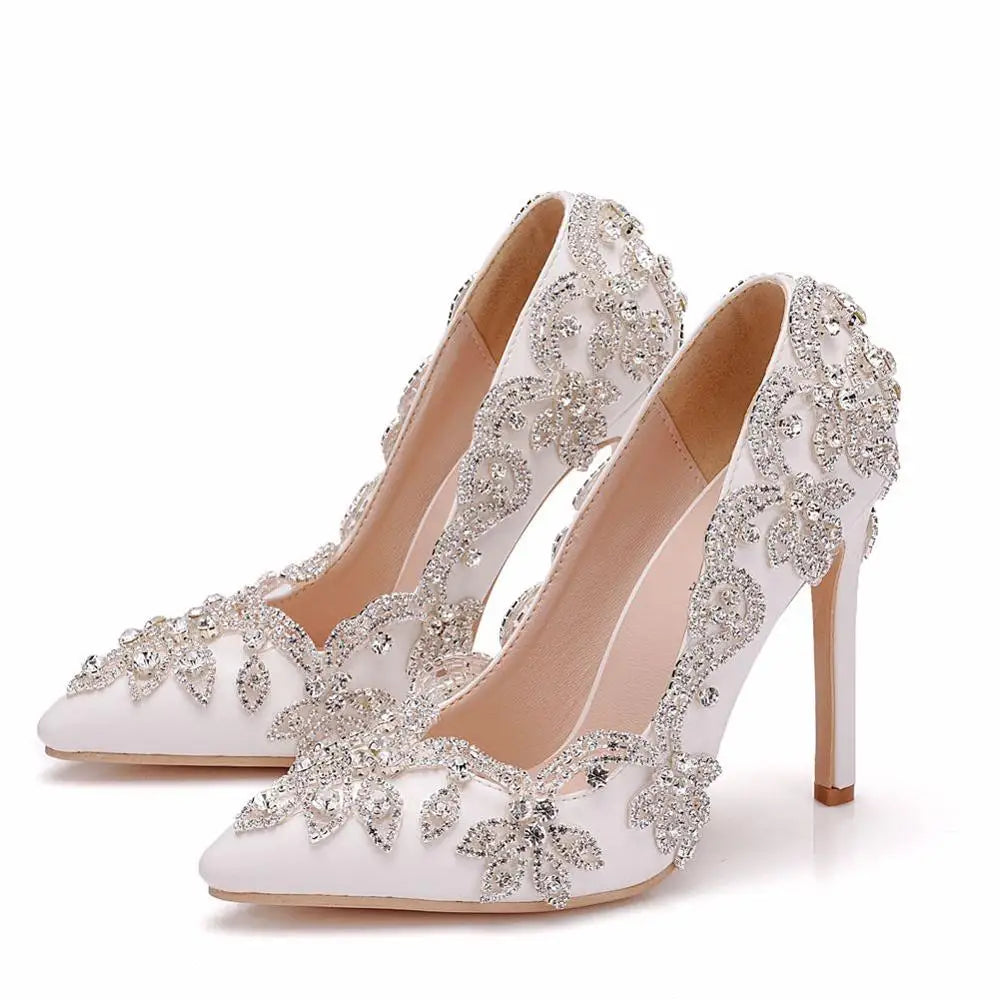 Women Bride Shoes High Heels Wedding Thin Heels White Diamond Glittering Evening Dress Shoe Luxury Crystal Pumps For Party  Amaijoin