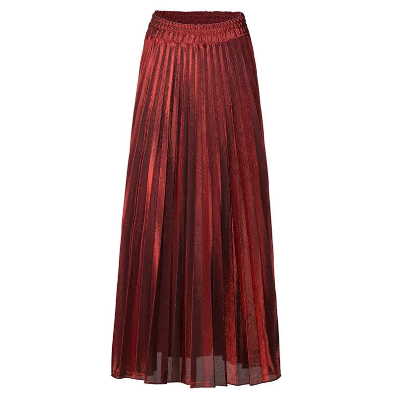 2022 Spring Metal Color Pleated Maxi Skirt Elastic High Waist Harajuku Large Swing Gold Long Skirts For Women XXL Saias SK275  Amaijoin