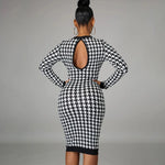 Carregue a imagem no visualizador da Galeria, Houndstooth Print Women Long Sleeve Midi Dress Hollow Out Bodycon Sexy Streetwear 2022 Autumn Winter Club Elegant Slim  Amaijoin
