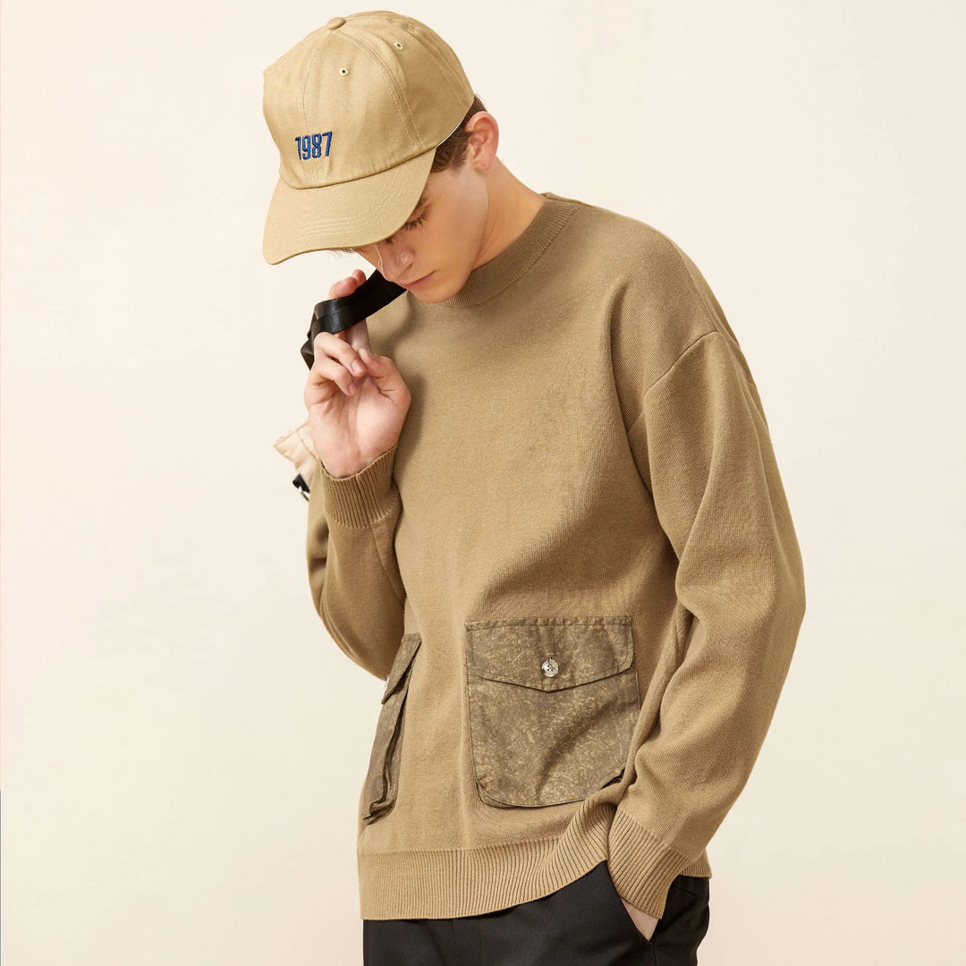 Sw33206 Men Sweater Threaded Sleeve Unique Double Pocket o-Neck Casual Handsome Boyfriend All-Match Popular Trendy Knitwear Tops  Amaijoin