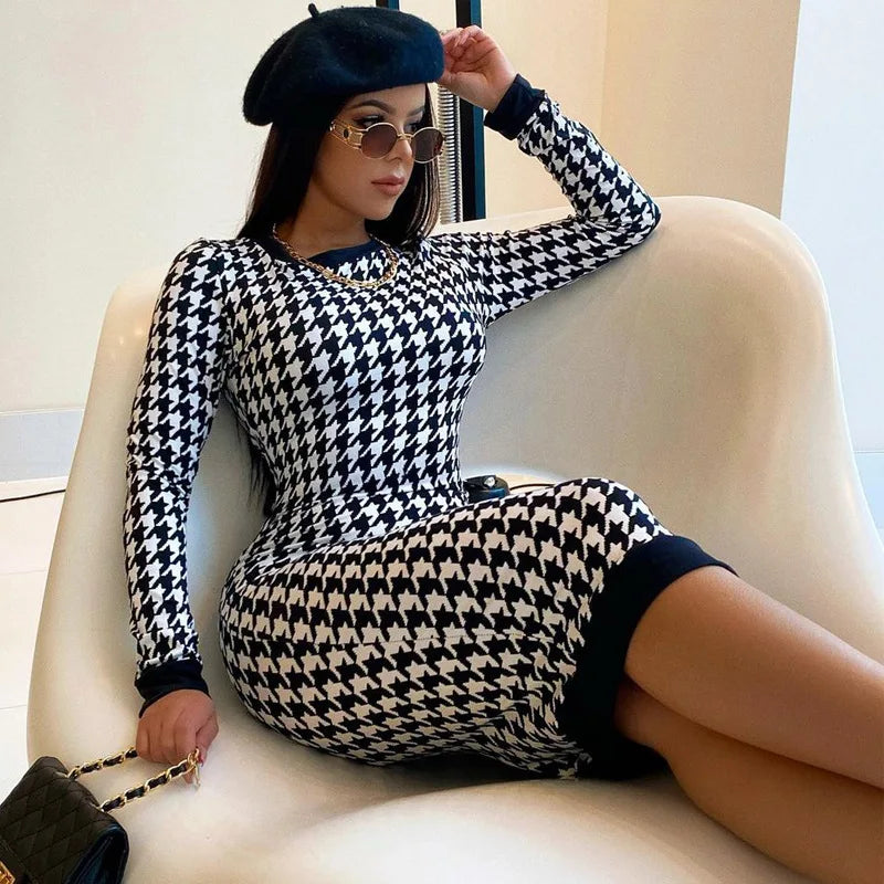 Houndstooth Print Women Long Sleeve Midi Dress Hollow Out Bodycon Sexy Streetwear 2022 Autumn Winter Club Elegant Slim  Amaijoin