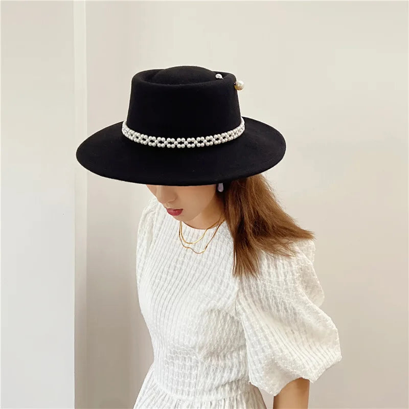 Women's Pearl Chain Fedora High Fashion with Pearl Pins Bump Cap Black White Autumen Winter Ladies Fedoras Wide Brim Girl Hat  Amaijoin