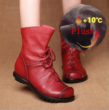 JIANBUDAN/ Genuine Leather Plush women's short Boots Retro Casual Autumn Winter Women's Boots Waterproof leather warm Snow boots  Amaijoin