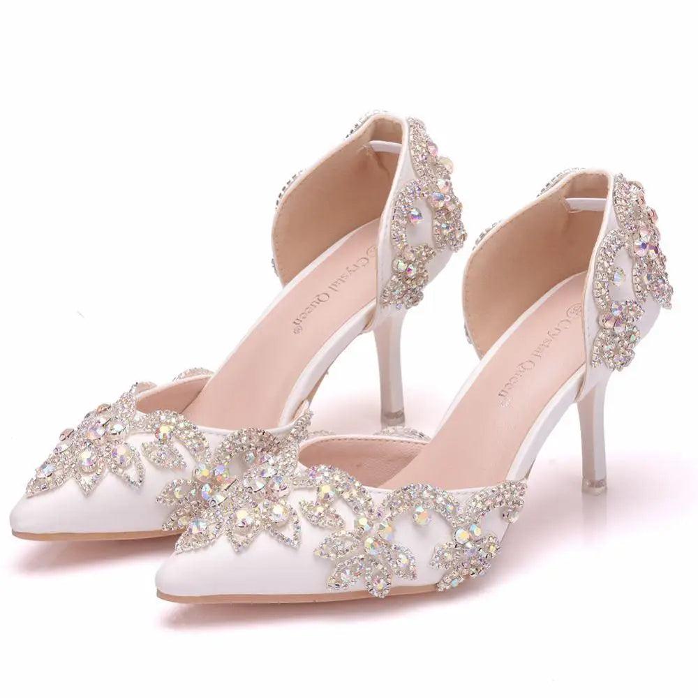 Women Bride Shoes High Heels Wedding Thin Heels White Diamond Glittering Evening Dress Shoe Luxury Crystal Pumps For Party  Amaijoin