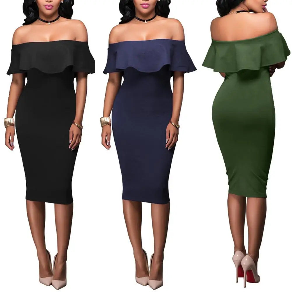 Women Party Bodycon Midi Dress Sexy Off Shoulder Layered Flounce Ruffle Chic Elegant Evening Party Dress de mulher Suit Vestidos  Amaijoin