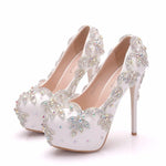 Carregue a imagem no visualizador da Galeria, Women Bride Shoes High Heels Wedding Thin Heels White Diamond Glittering Evening Dress Shoe Luxury Crystal Pumps For Party  Amaijoin
