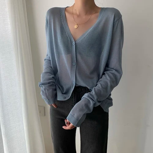 Cardigan Shirt Women Tops Korean Long Sleeve Cardigan Summer Tops V Neck Thin Knitted Sunscreen Shirt Sweater Blusas Mujer E600  Amaijoin