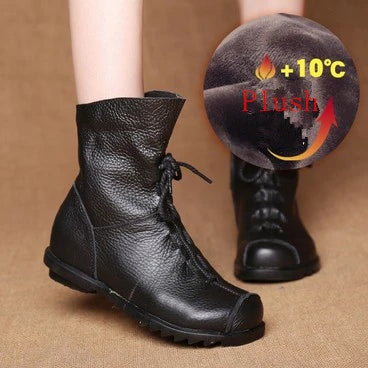 JIANBUDAN/ Genuine Leather Plush women's short Boots Retro Casual Autumn Winter Women's Boots Waterproof leather warm Snow boots  Amaijoin