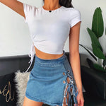 Load image into Gallery viewer, White T shirt Crop Tops Women Summer Short Sleeve Solid Round Neck Short Tee Top Drawstring Slim Fashion Female Shirts  Amaijoin
