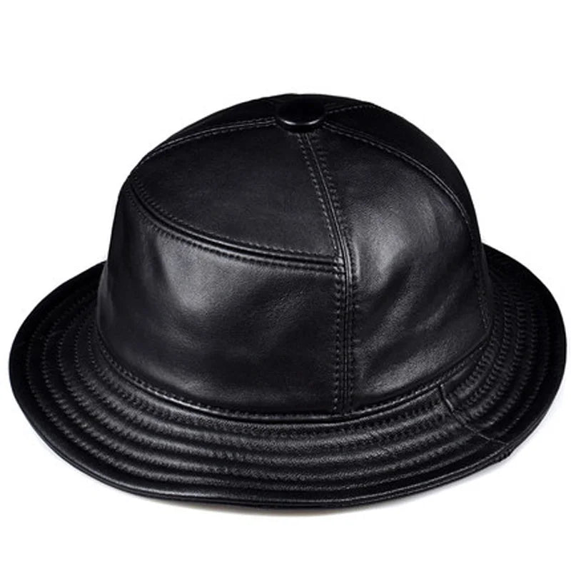 Korean Fashion ACC Unisex Genuine Leather Bucket Hats Men Women Casual Fishing Caps Male Fitted Black Basin Cap Sombrero Mujer  Amaijoin