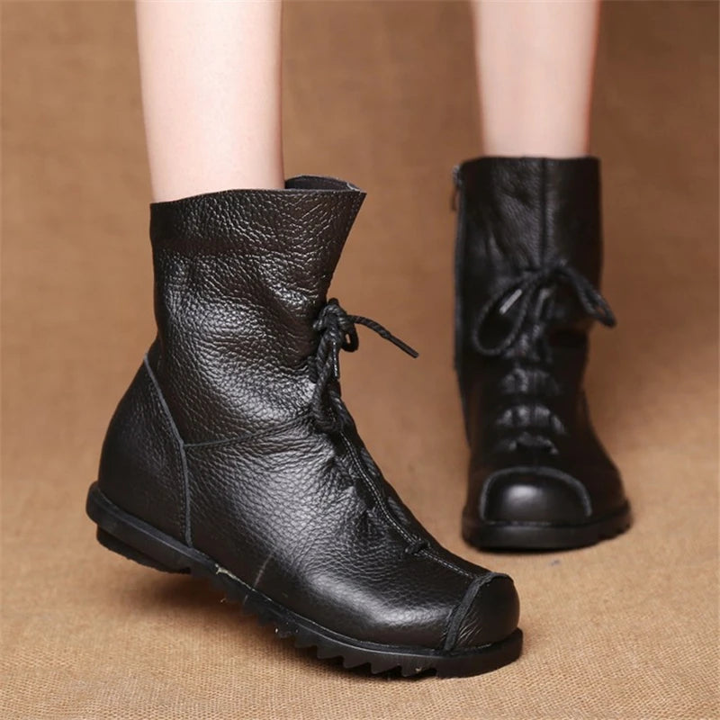 JIANBUDAN/ Genuine Leather Plush women's short Boots Retro Casual Autumn Winter Women's Boots Waterproof leather warm Snow boots  Amaijoin