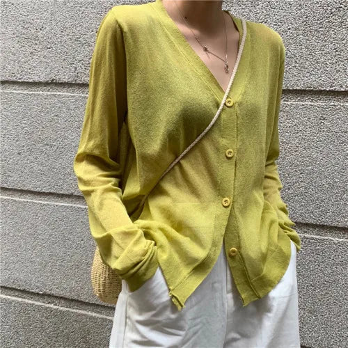 Cardigan Shirt Women Tops Korean Long Sleeve Cardigan Summer Tops V Neck Thin Knitted Sunscreen Shirt Sweater Blusas Mujer E600  Amaijoin