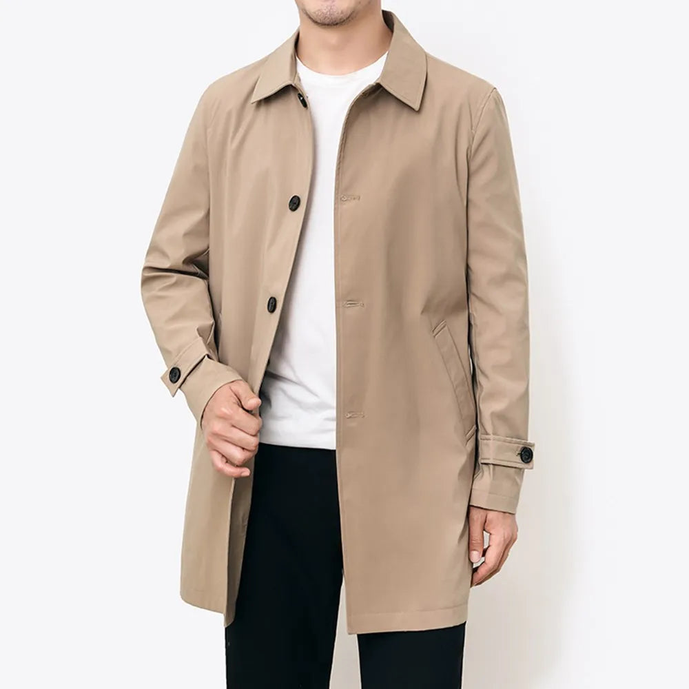 Trench Men Long Windbreaker Coat Fashion Business Casual Loose Solid Trench Mens England Style Turn Down Collar Jackets Outwear  Amaijoin