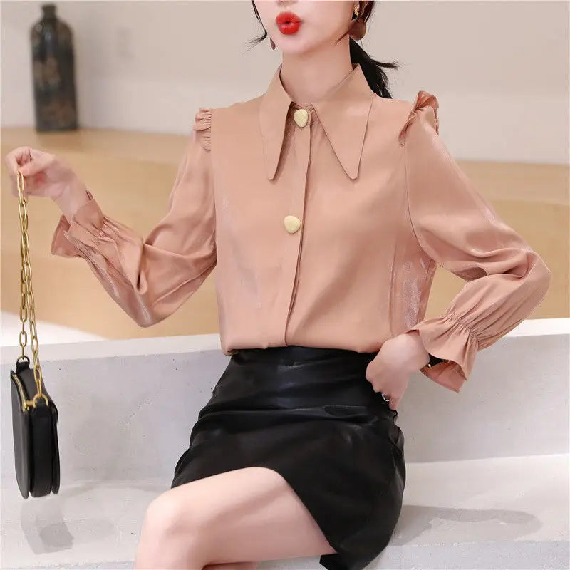 Autumn Women's New Korean Loose Turn-down Collar White Shirt Long-sleeved Chiffon Office Lady Blouses  Amaijoin