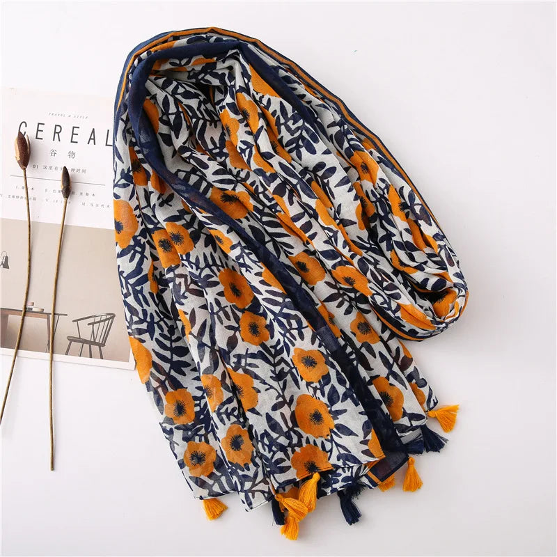 2021 Newest Flower Printed Scarf Hijabs Tassels Women Shawls Cotton Muslim Head Wraps Large Size Fashion Head Scarves 1PC Retail  Amaijoin