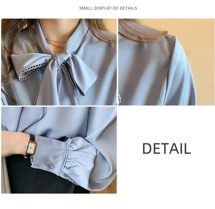 2023 Spring Loose Korean Tops Fashion Autumn Chiffon Blouse Bow Blue Long Sleeve Shirt White Office Lady Clothes Blusas 10691  Amaijoin