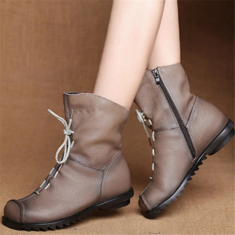 JIANBUDAN/ Genuine Leather Plush women's short Boots Retro Casual Autumn Winter Women's Boots Waterproof leather warm Snow boots  Amaijoin