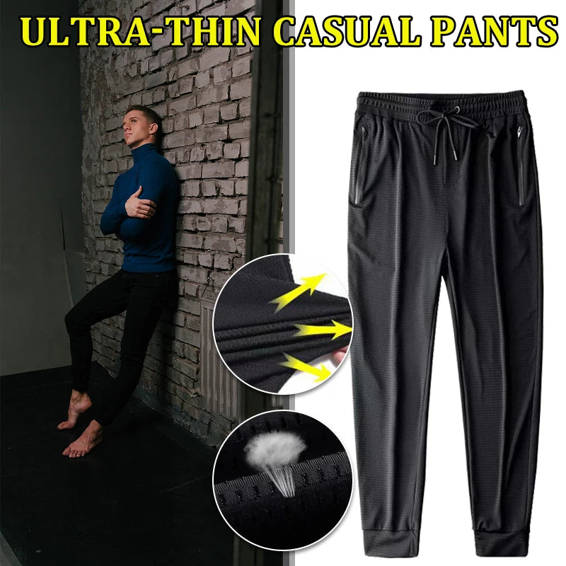 Men's Summer Ice Silk Jogger Sweatpants Zipper Pockets Breathable Running Gym Workout Athletic Mesh Pants Drawstring Design  Amaijoin