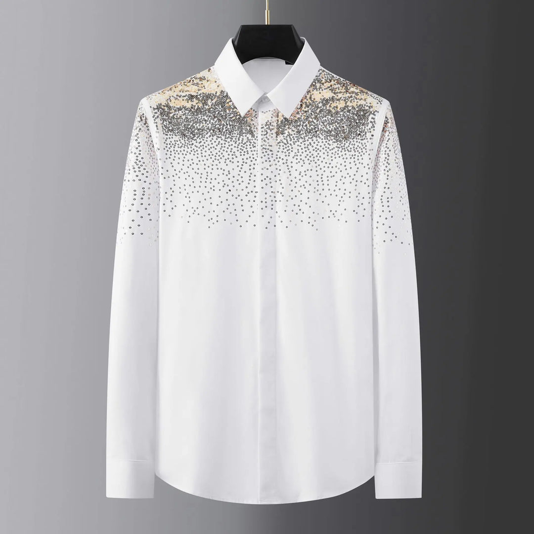 Luxury Golden Sequin Embroidery Shirts Men Long Sleeve Slim Business Formal Dress Shirts Casual Social Party Banquet Tuxedo  Amaijoin