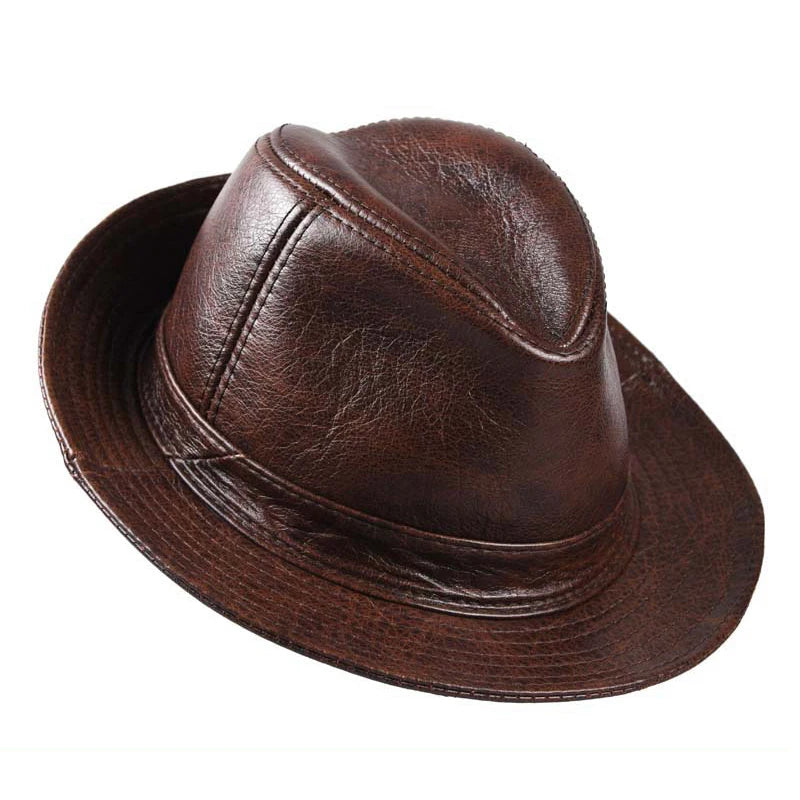 New 2024 Man High Quality Genuine Leather Cowhide Fedora Gentleman Cow Skin Short Brim Black/Brown Top Hat Male Shows  Amaijoin