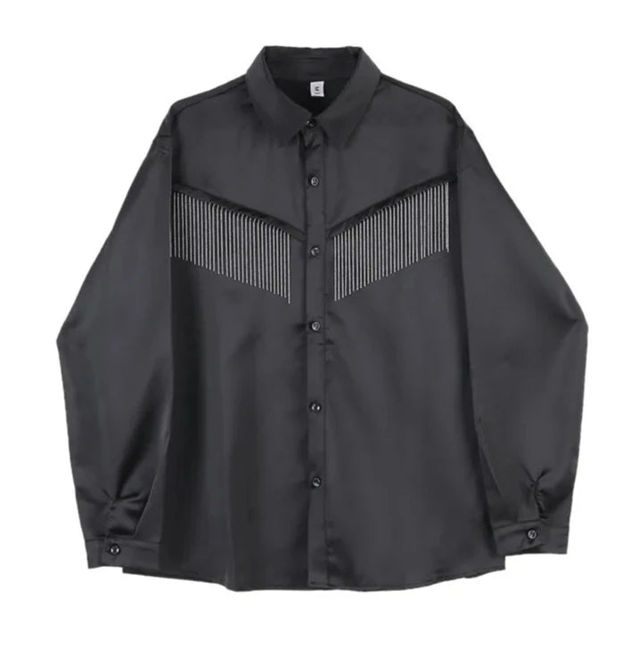 Men Metal Tassel Satin Style Long Sleeve Casual Shirt Male Streetwear Vintage Fashion Hip Hop Shirt Lovers Shirt Stage Clothing  Amaijoin