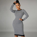 Carregue a imagem no visualizador da Galeria, Houndstooth Print Women Long Sleeve Midi Dress Hollow Out Bodycon Sexy Streetwear 2022 Autumn Winter Club Elegant Slim  Amaijoin
