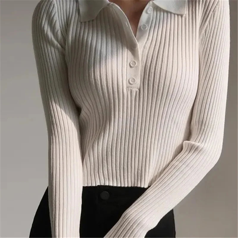 Korean Fashion Buttons Cropped Knitted Polo Shirt Sweater Women Autumn Fashion Elegant Long Sleeve Tops Ladies Knitwear Femme  Amaijoin