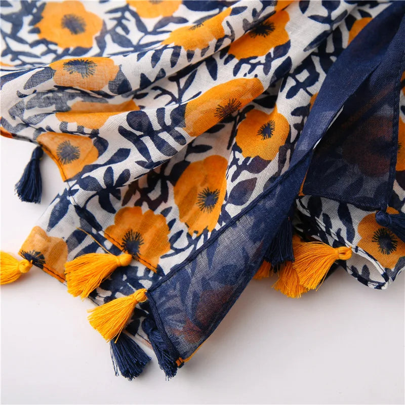 2021 Newest Flower Printed Scarf Hijabs Tassels Women Shawls Cotton Muslim Head Wraps Large Size Fashion Head Scarves 1PC Retail  Amaijoin