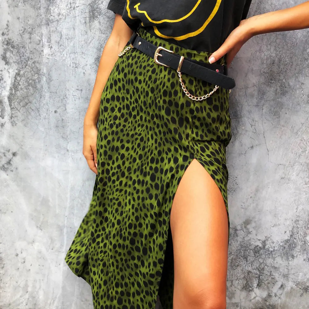 Jocoo Jolee Elegant Leopard Floral Printing Long Skirt Women Sexy High Waist Split Midi Skirts Office Lady Bodycon A Line Skirts  Amaijoin