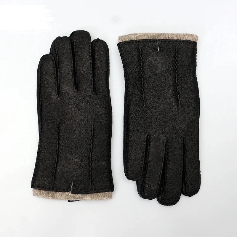 hand-stitched deerskin gloves men warm soft men's black corrugated gloves 70% wool lining warm in autumn and winter man mitten  Amaijoin