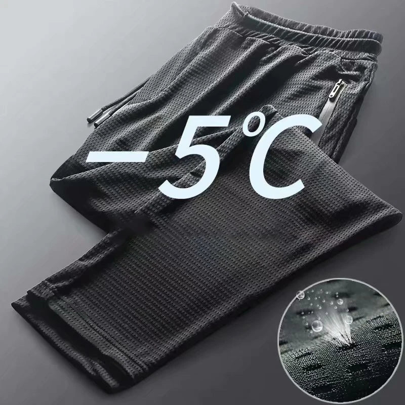 Men's Summer Ice Silk Jogger Sweatpants Zipper Pockets Breathable Running Gym Workout Athletic Mesh Pants Drawstring Design  Amaijoin