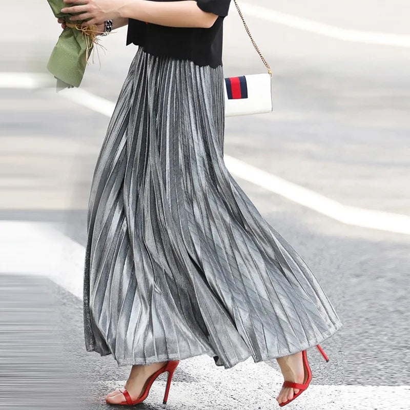 2022 Spring Metal Color Pleated Maxi Skirt Elastic High Waist Harajuku Large Swing Gold Long Skirts For Women XXL Saias SK275  Amaijoin