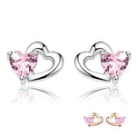 Carregue a imagem no visualizador da Galeria, BAMOER 925 Sterling Silver Double Heart to Heart Pink CZ Stud Earrings for Women Brincos Fine Jewelry Bijoux SCE090  Amaijoin
