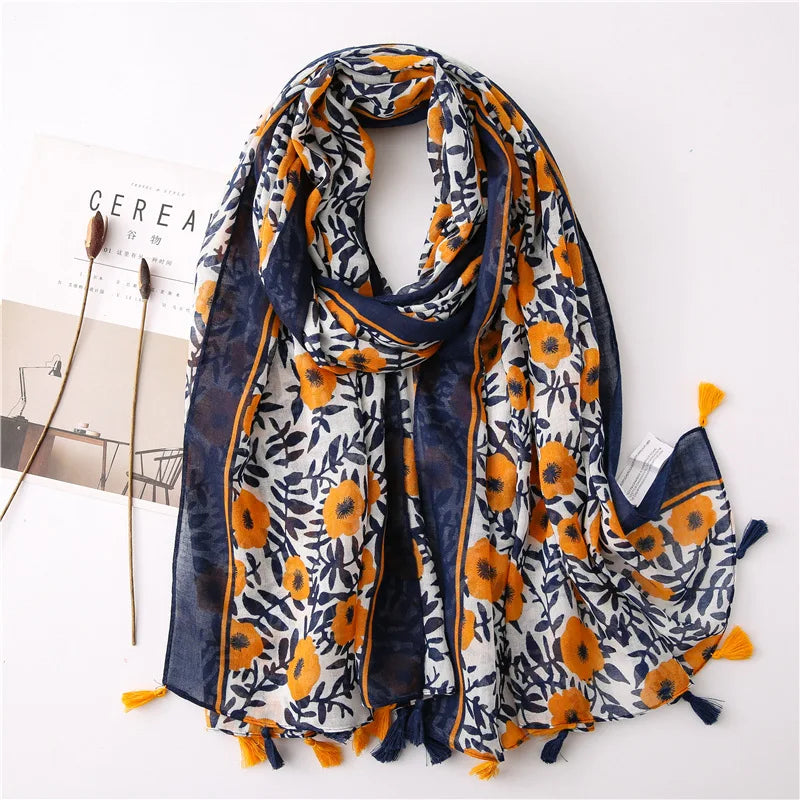 2021 Newest Flower Printed Scarf Hijabs Tassels Women Shawls Cotton Muslim Head Wraps Large Size Fashion Head Scarves 1PC Retail  Amaijoin