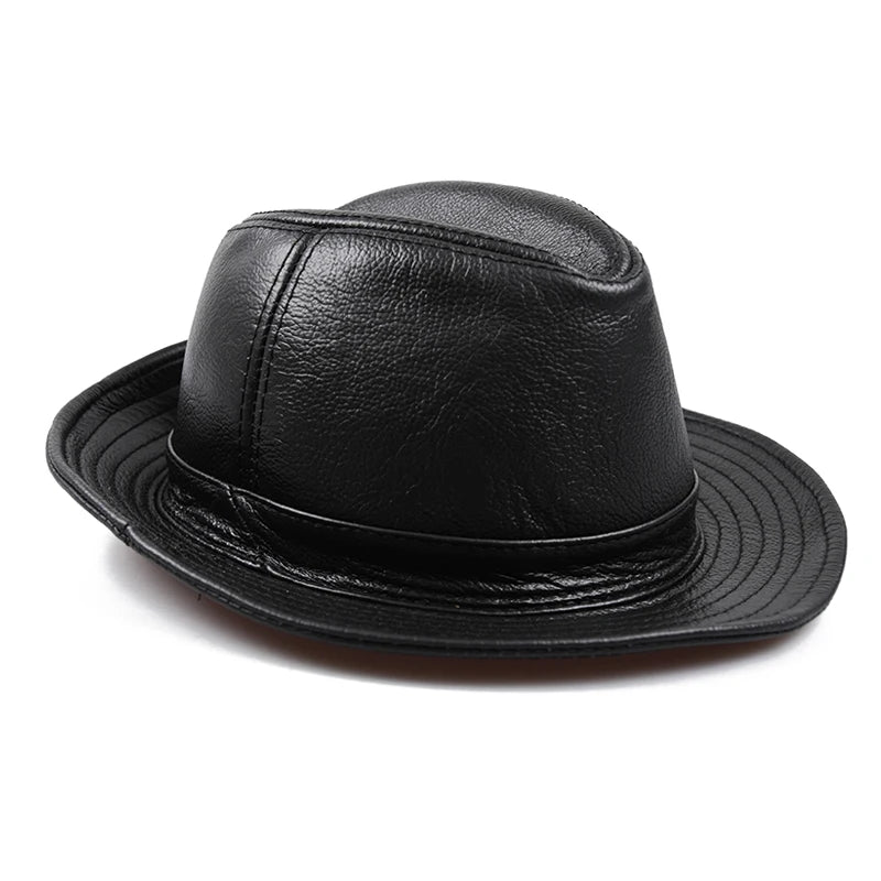 New 2024 Man High Quality Genuine Leather Cowhide Fedora Gentleman Cow Skin Short Brim Black/Brown Top Hat Male Shows  Amaijoin