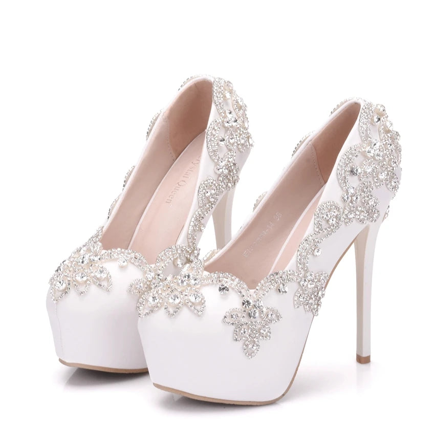 Women Bride Shoes High Heels Wedding Thin Heels White Diamond Glittering Evening Dress Shoe Luxury Crystal Pumps For Party  Amaijoin