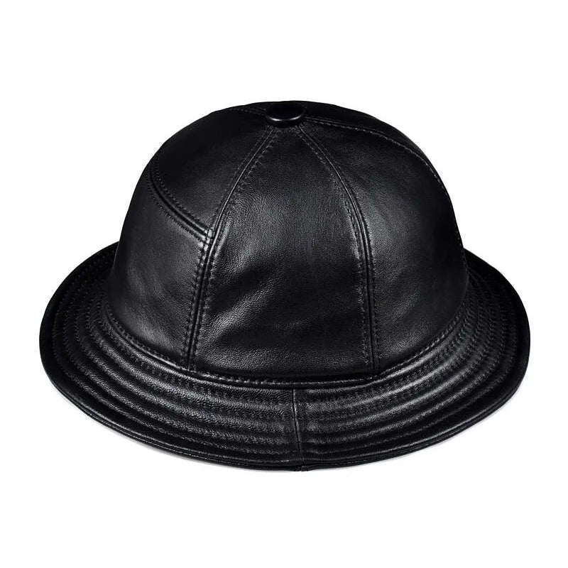 Korean Fashion ACC Unisex Genuine Leather Bucket Hats Men Women Casual Fishing Caps Male Fitted Black Basin Cap Sombrero Mujer  Amaijoin