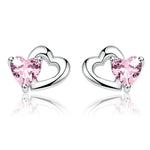 Carregue a imagem no visualizador da Galeria, BAMOER 925 Sterling Silver Double Heart to Heart Pink CZ Stud Earrings for Women Brincos Fine Jewelry Bijoux SCE090  Amaijoin
