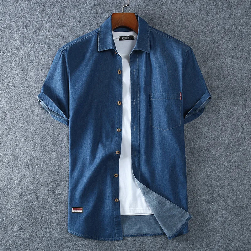 Men's Blue Denim Shirts Short Sleeve Jean Shirts New Summer High Quality Men Cotton Light Blue Denim Shirts Plus size L-8XL  Amaijoin