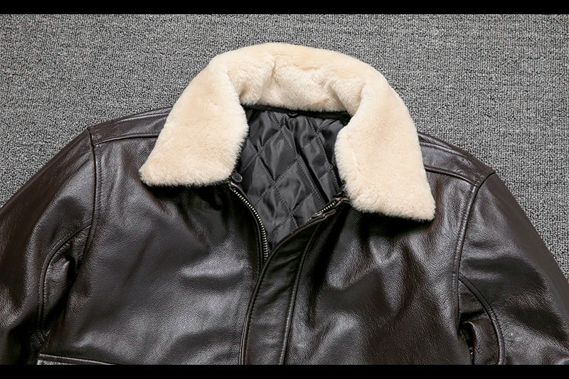 Plus Size Bust 140cm Bomber Men Genuine Leather Jacket Natural Fur Collar Classic Casual G1 Real Cowhide Mens Coat Winter Warm  Amaijoin