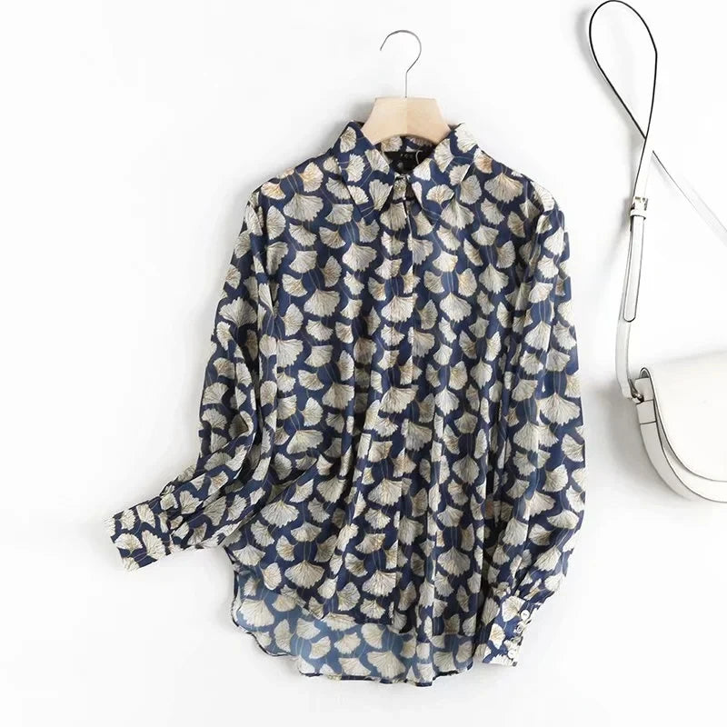 Maxdutti autumn england style fashion elegant Leaf printing loose blouse women silk loose blusas mujer de moda 2023 shirt tops  Amaijoin